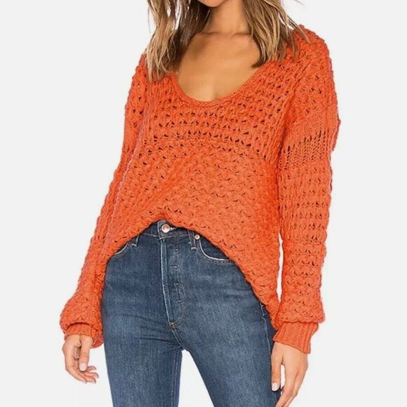 Women Free People Crashing Waves Knit Sweater Pullover Red Orange Extra Small - Picture 1 of 9